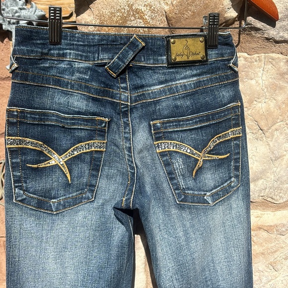 Baby Phat Jeans Flare Boot Cut Y2K Rhinestones Dark Wash Distressed Size 0 - Picture 6 of 15